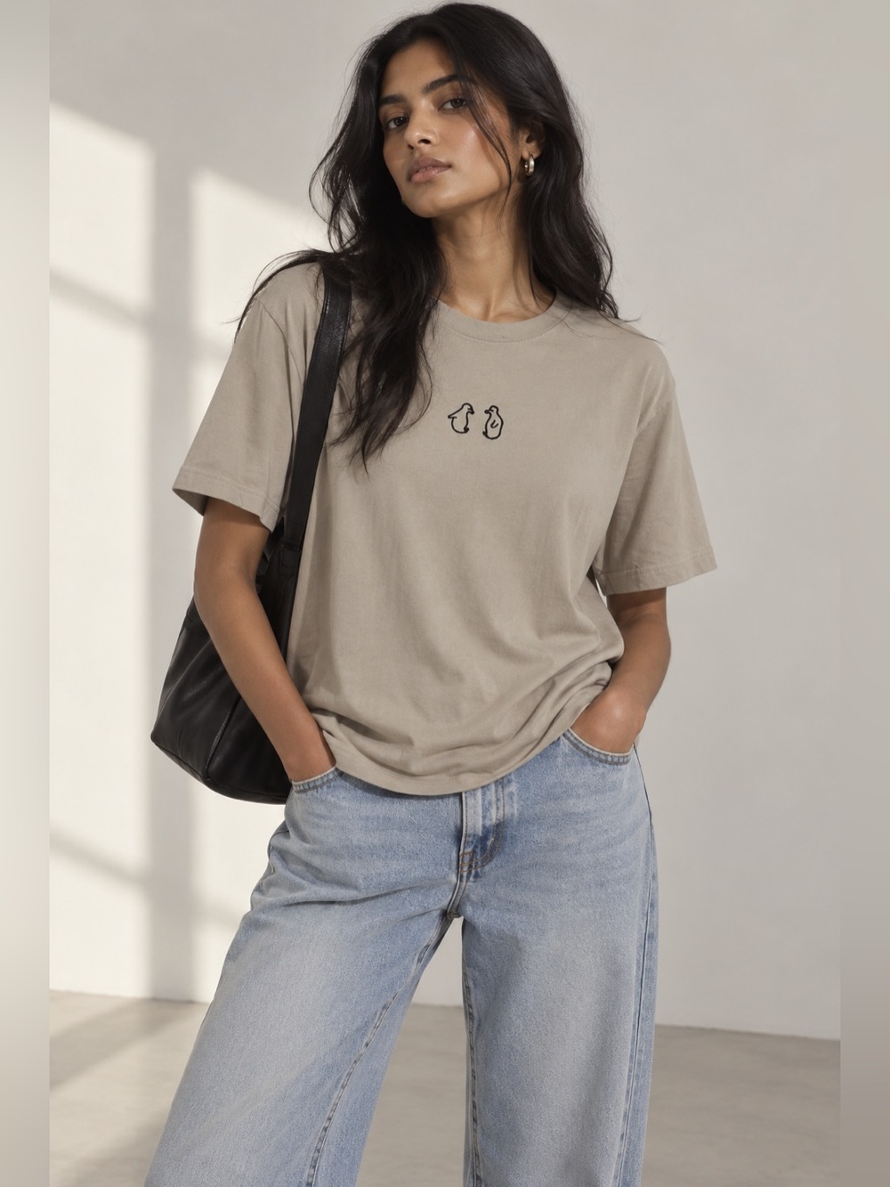 Beige Penguin Embroidery Graphic Tee - Size S